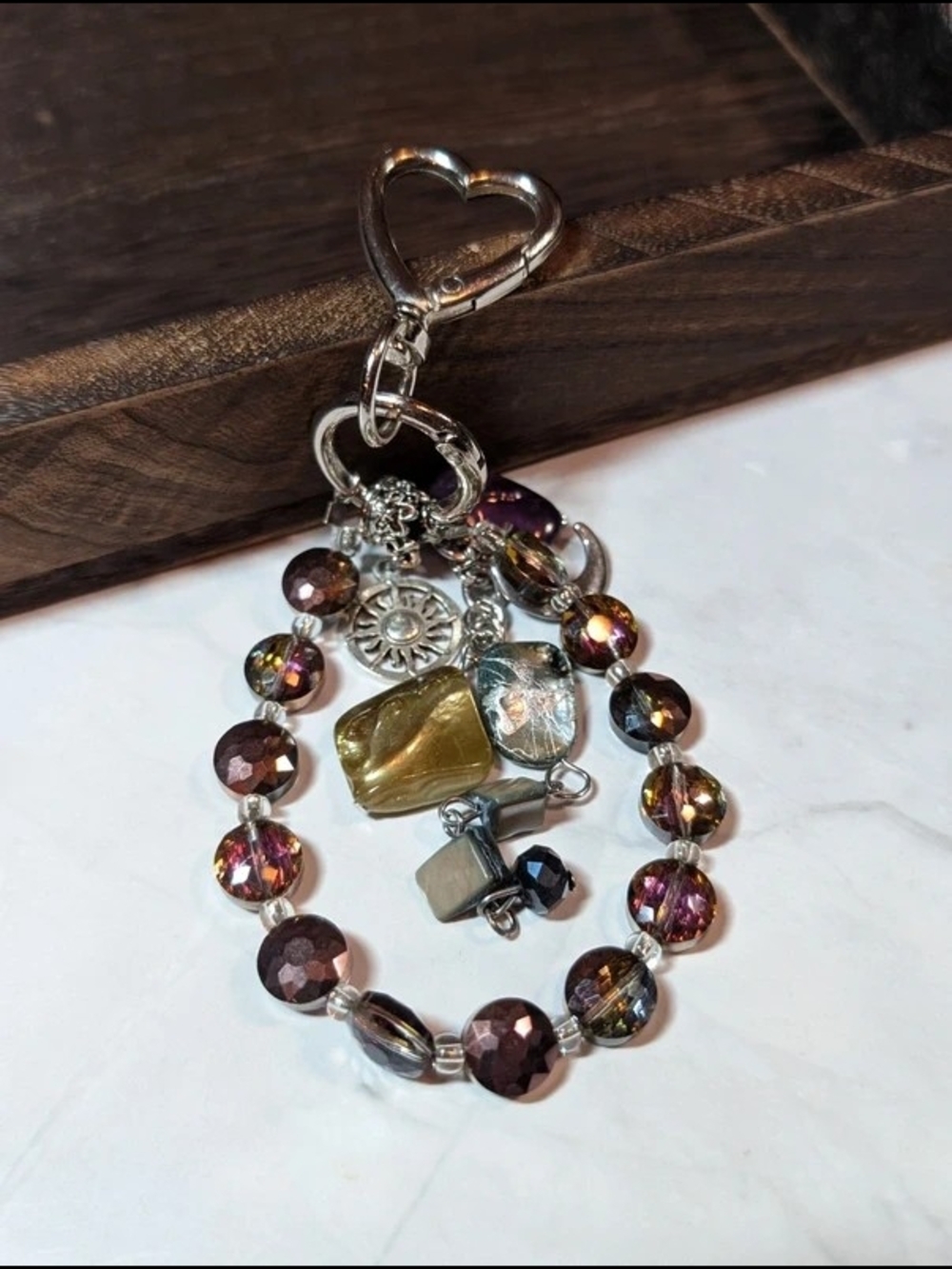 Purple Bronze Beaded Keychain Charm with Heart Clasp